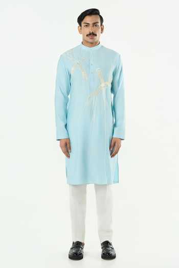 Line Out Line_Blue Chanderi Axis Embroidered Kurta _Online_at_Aza_Fashions