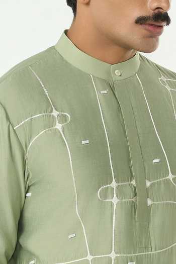 Shop_Line Out Line_Green Chanderi Pixel Warp Kurta _Online_at_Aza_Fashions