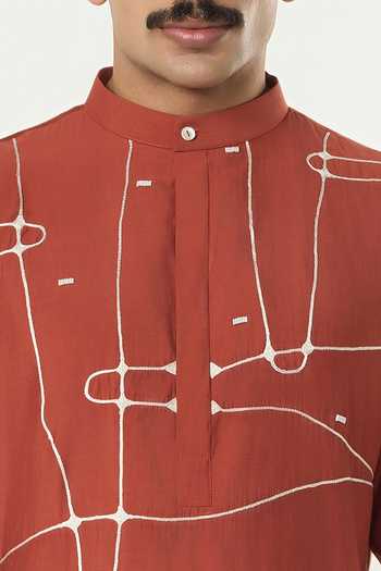 Line Out Line_Rust Chanderi Pixel Wrap Embroidered Kurta _at_Aza_Fashions