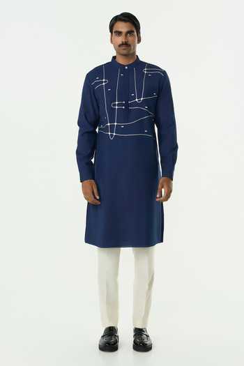 Buy_Line Out Line_Navy Chanderi Embroidered Pixel Wrap Kurta _Online_at_Aza_Fashions