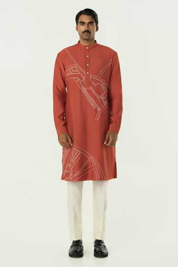 Buy_Line Out Line_Rust Chanderi Avenue Embroidered Kurta _Online_at_Aza_Fashions