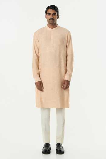 Buy_Line Out Line_Beige Chanderi Geo Block Embroidered Kurta _Online_at_Aza_Fashions