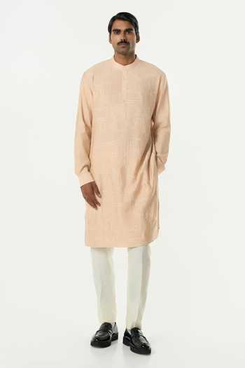Shop_Line Out Line_Beige Chanderi Geo Block Embroidered Kurta _Online_at_Aza_Fashions