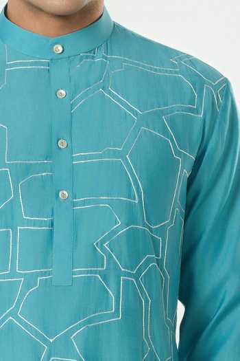 Line Out Line_Teal Chanderi Geo Block Embroidered Kurta _Online_at_Aza_Fashions