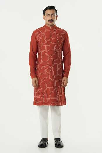 Line Out Line_Orange Chanderi Geo Block Embroidered Kurta _at_Aza_Fashions