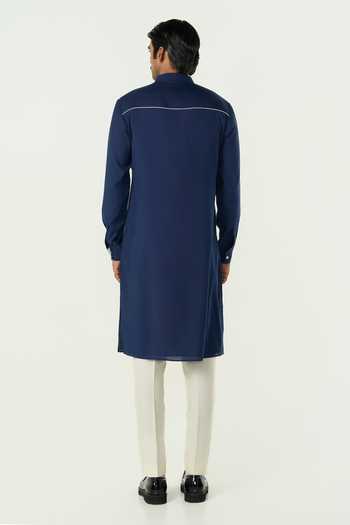 Line Out Line_Navy Chanderi Embroidered Geo Block Kurta _Online_at_Aza_Fashions
