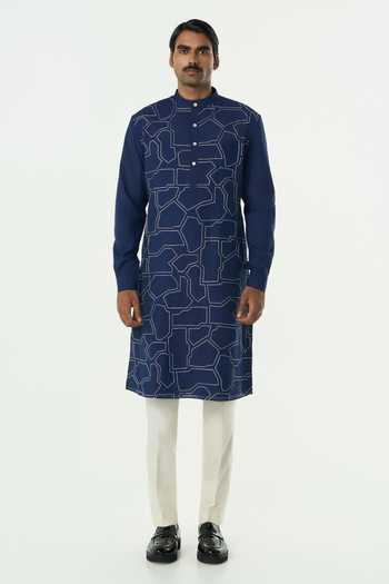 Shop_Line Out Line_Navy Chanderi Embroidered Geo Block Kurta _Online_at_Aza_Fashions