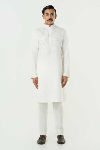 Shop_Line Out Line_Off White Chanderi Geo Frame Embroidered Kurta _Online_at_Aza_Fashions