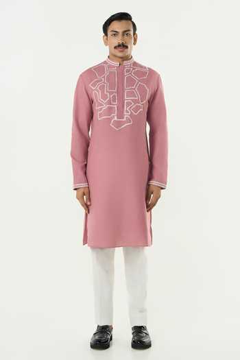 Shop_Line Out Line_Pink Cotton Geo Frame Embroidered Yoke Kurta _Online_at_Aza_Fashions