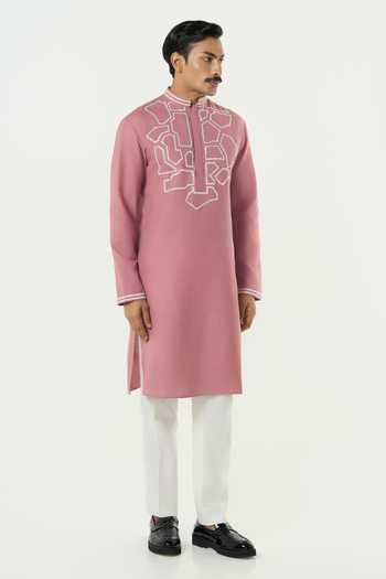 Line Out Line_Pink Cotton Geo Frame Embroidered Yoke Kurta _at_Aza_Fashions