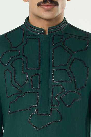 Buy_Line Out Line_Green Cotton Geo Frame Embroidered Kurta _Online_at_Aza_Fashions