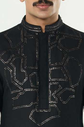 Line Out Line_Black Cotton Embroidered Geo Frame Kurta _Online_at_Aza_Fashions