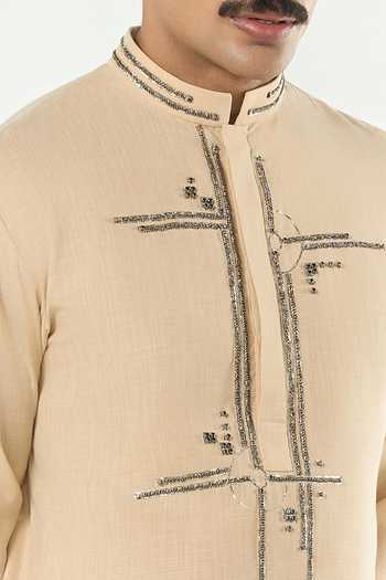 Line Out Line_Beige Cotton Lunar Bay Pitta Work Kurta _Online_at_Aza_Fashions