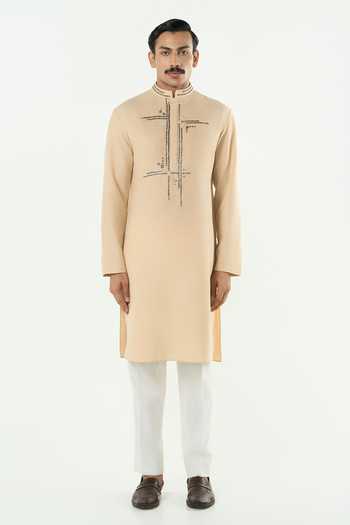 Shop_Line Out Line_Beige Cotton Lunar Bay Pitta Work Kurta _Online_at_Aza_Fashions
