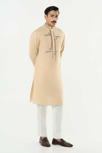 Line Out Line_Beige Cotton Lunar Bay Pitta Work Kurta _at_Aza_Fashions