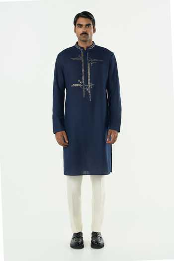 Line Out Line_Navy Cotton Lunar Bay Yoke Embroidered Kurta _Online_at_Aza_Fashions