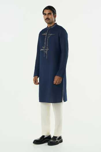 Shop_Line Out Line_Navy Cotton Lunar Bay Yoke Embroidered Kurta _Online_at_Aza_Fashions