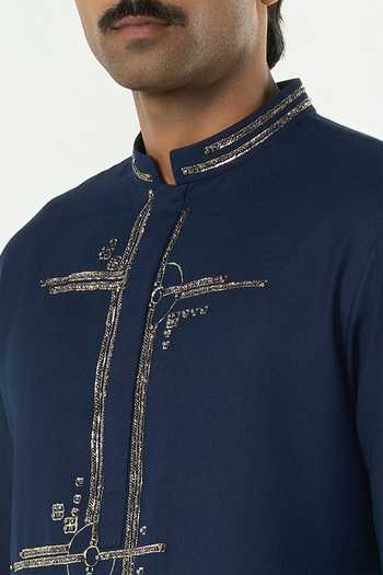Line Out Line_Navy Cotton Lunar Bay Yoke Embroidered Kurta _at_Aza_Fashions