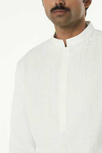Line Out Line_Off White Cotton Grill Grid Tonal Cutdana Embroidered Kurta _Online_at_Aza_Fashions