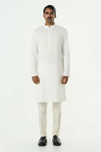 Line Out Line_Off White Cotton Grill Grid Tonal Cutdana Embroidered Kurta _at_Aza_Fashions