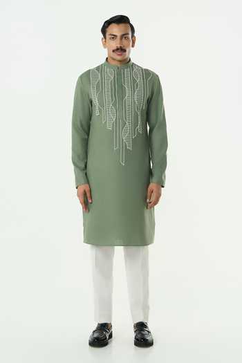 Buy_Line Out Line_Green Cotton Grill Grid Cutdana Embroidered Kurta _Online_at_Aza_Fashions