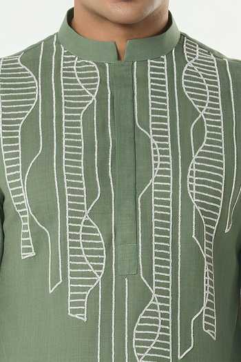 Shop_Line Out Line_Green Cotton Grill Grid Cutdana Embroidered Kurta _Online_at_Aza_Fashions