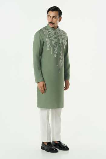 Line Out Line_Green Cotton Grill Grid Cutdana Embroidered Kurta _at_Aza_Fashions