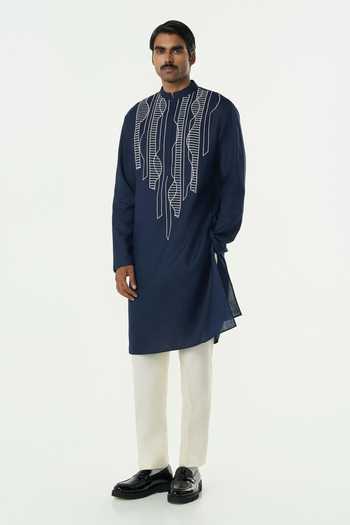 Line Out Line_Navy Cotton Grill Grid Contrast Cutdana Embroidered Kurta _Online_at_Aza_Fashions