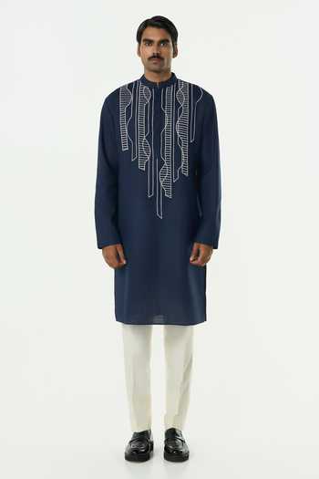 Shop_Line Out Line_Navy Cotton Grill Grid Contrast Cutdana Embroidered Kurta _Online_at_Aza_Fashions