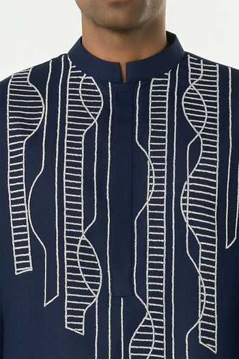 Line Out Line_Navy Cotton Grill Grid Contrast Cutdana Embroidered Kurta _at_Aza_Fashions
