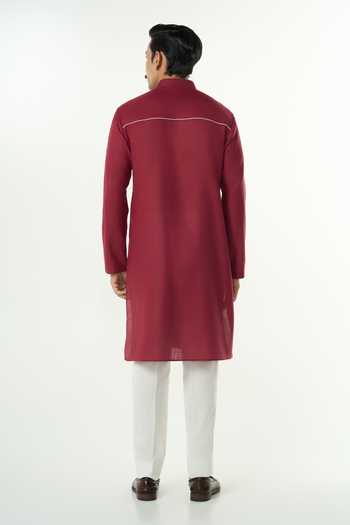 Line Out Line_Maroon Cotton Grill Grid Embroidered Yoke Kurta _Online_at_Aza_Fashions