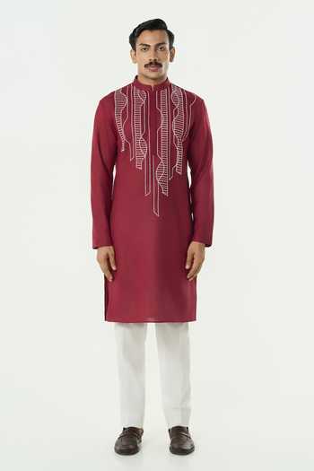 Buy_Line Out Line_Maroon Cotton Grill Grid Embroidered Yoke Kurta _Online_at_Aza_Fashions