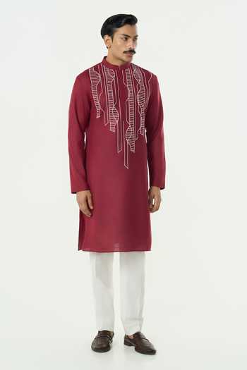 Shop_Line Out Line_Maroon Cotton Grill Grid Embroidered Yoke Kurta _Online_at_Aza_Fashions