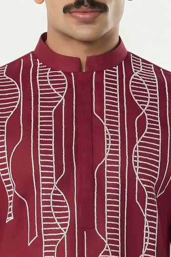 Line Out Line_Maroon Cotton Grill Grid Embroidered Yoke Kurta _at_Aza_Fashions