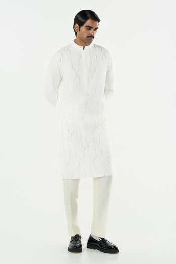 Line Out Line_Off White Cotton City Pulse Tonal Embroidered Kurta _Online_at_Aza_Fashions