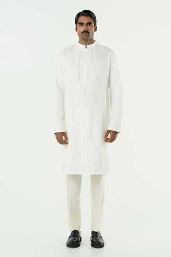 Line Out Line_Off White Cotton City Pulse Tonal Embroidered Kurta _at_Aza_Fashions