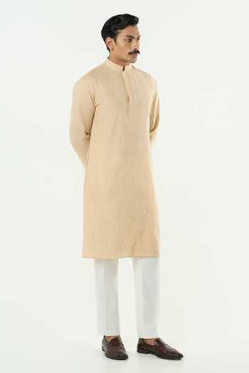 Shop_Line Out Line_Beige Cotton City Pulse Pitta Embroidered Kurta _Online_at_Aza_Fashions