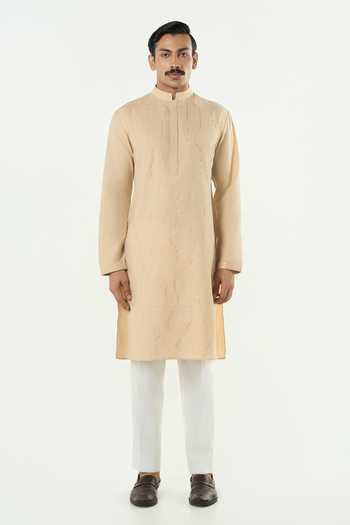 Line Out Line_Beige Cotton City Pulse Pitta Embroidered Kurta _at_Aza_Fashions