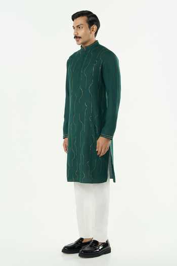Line Out Line_Green Cotton City Pulse Pitta Work Kurta _Online_at_Aza_Fashions