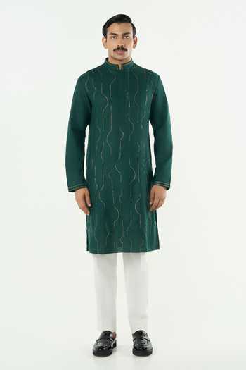 Buy_Line Out Line_Green Cotton City Pulse Pitta Work Kurta _Online_at_Aza_Fashions