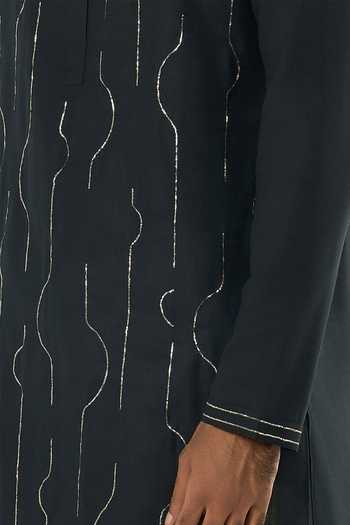 Line Out Line_Black Cotton City Pulse Pitta Embroidered Front Kurta _Online_at_Aza_Fashions