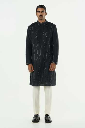 Buy_Line Out Line_Black Cotton City Pulse Pitta Embroidered Front Kurta _Online_at_Aza_Fashions
