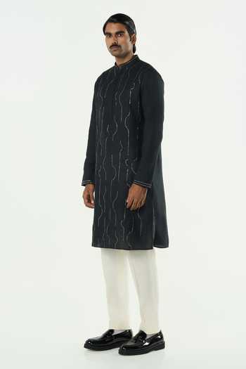 Shop_Line Out Line_Black Cotton City Pulse Pitta Embroidered Front Kurta _Online_at_Aza_Fashions