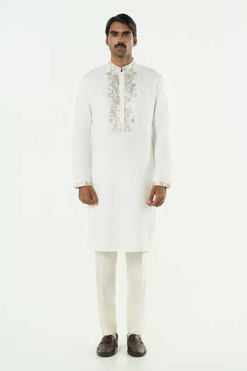 Buy_Line Out Line_Off White Cotton Aurum Embroidered Placket Kurta _Online_at_Aza_Fashions