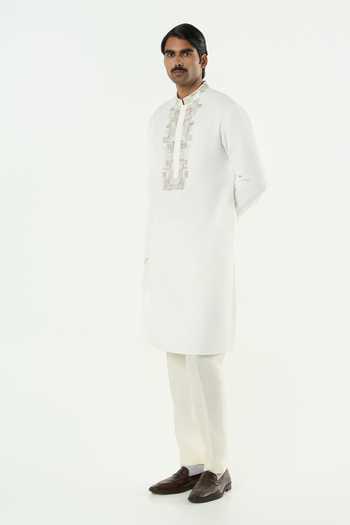 Shop_Line Out Line_Off White Cotton Aurum Embroidered Placket Kurta _Online_at_Aza_Fashions