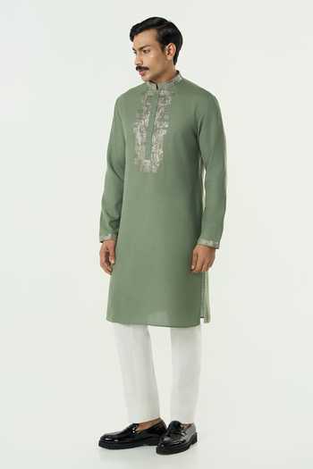 Line Out Line_Green Cotton Aurum Pitta Embroidered Placket Kurta _Online_at_Aza_Fashions