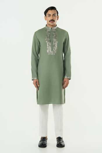 Buy_Line Out Line_Green Cotton Aurum Pitta Embroidered Placket Kurta _Online_at_Aza_Fashions