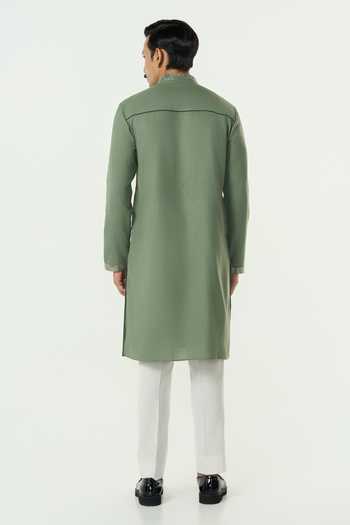 Shop_Line Out Line_Green Cotton Aurum Pitta Embroidered Placket Kurta _Online_at_Aza_Fashions