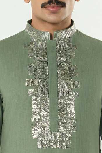 Line Out Line_Green Cotton Aurum Pitta Embroidered Placket Kurta _at_Aza_Fashions
