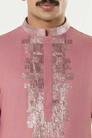 Line Out Line_Pink Cotton Aurum Placket Embroidered Kurta _Online_at_Aza_Fashions